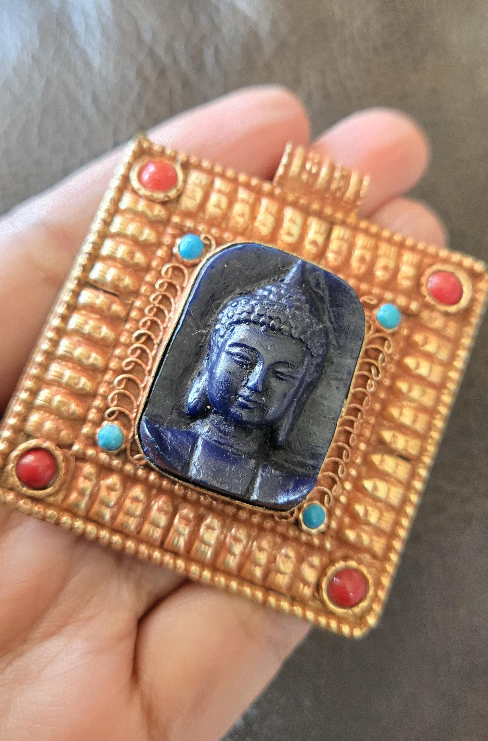 Gorgeous Square shape deep blue color Buddha pendant with ethnic tibetan filigree design copper color finish - PM109G