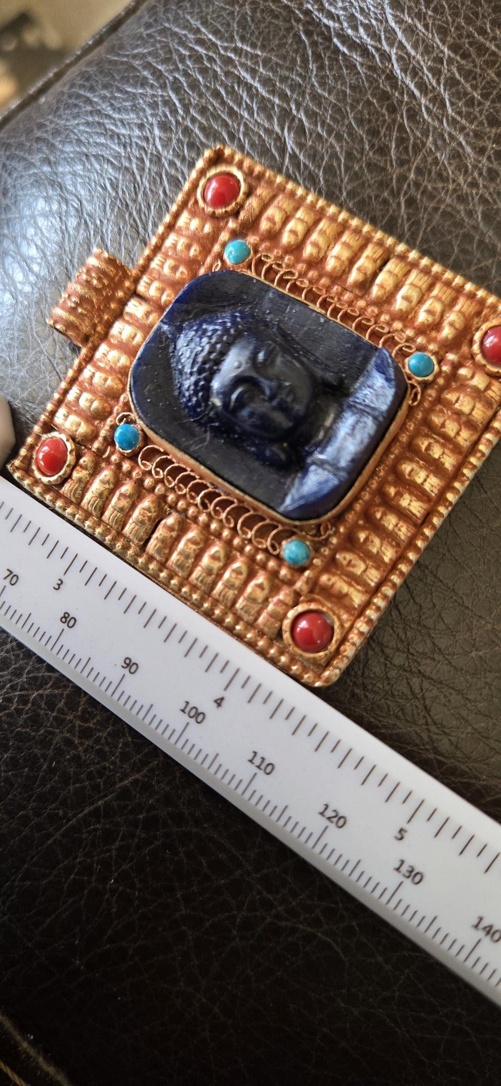 Gorgeous Square shape deep blue color Buddha pendant with ethnic tibetan filigree design copper color finish - PM109G