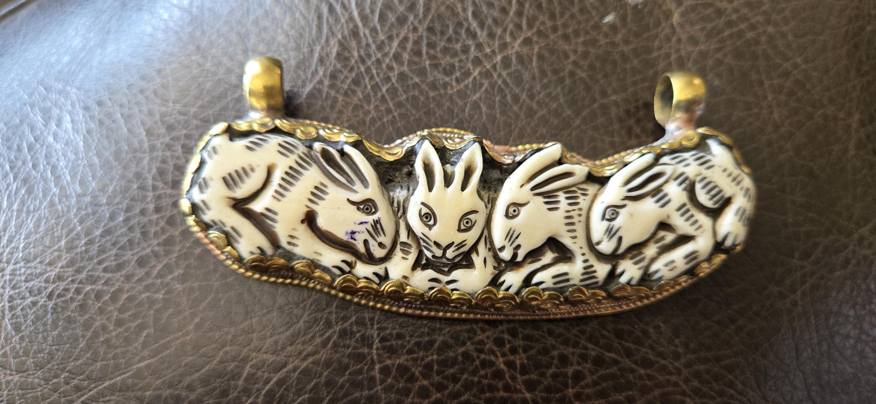 Large Tibetan Nepal Bone Pendant Rabbit Family Carved, Recycled Cattle Bone Jewelry, Double Bail, Lotus Flower Back, Ethnic Pendant PB001L