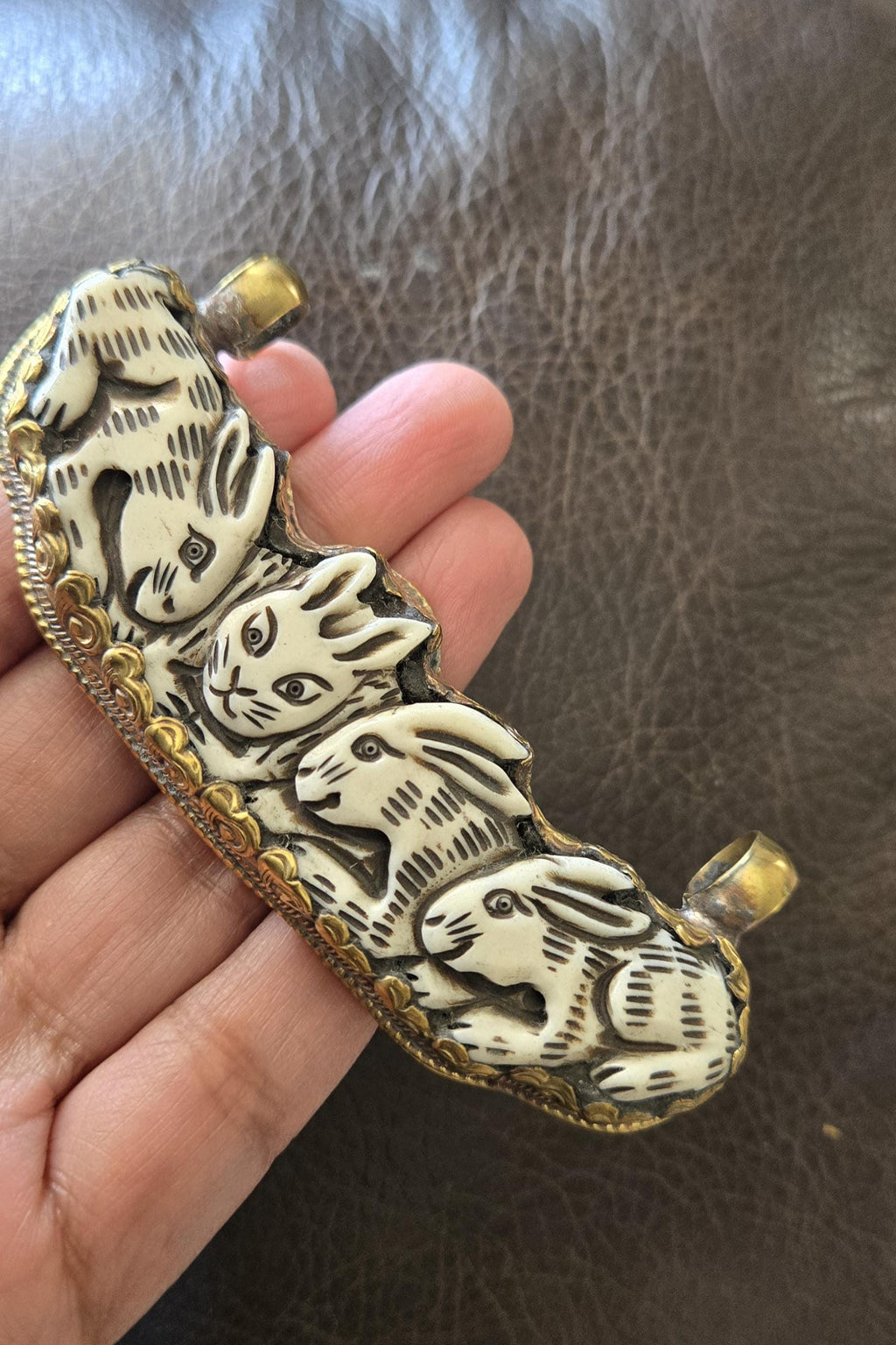 Large Tibetan Nepal Bone Pendant Rabbit Family Carved, Recycled Cattle Bone Jewelry, Double Bail, Lotus Flower Back, Ethnic Pendant PB001L