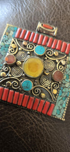 Large Tibetan Filigree Pendant copal resin turquoise mosaic Inlay, Nepal Ethnic Statement Jewelry pendant, Nepal Pendant PM100B
