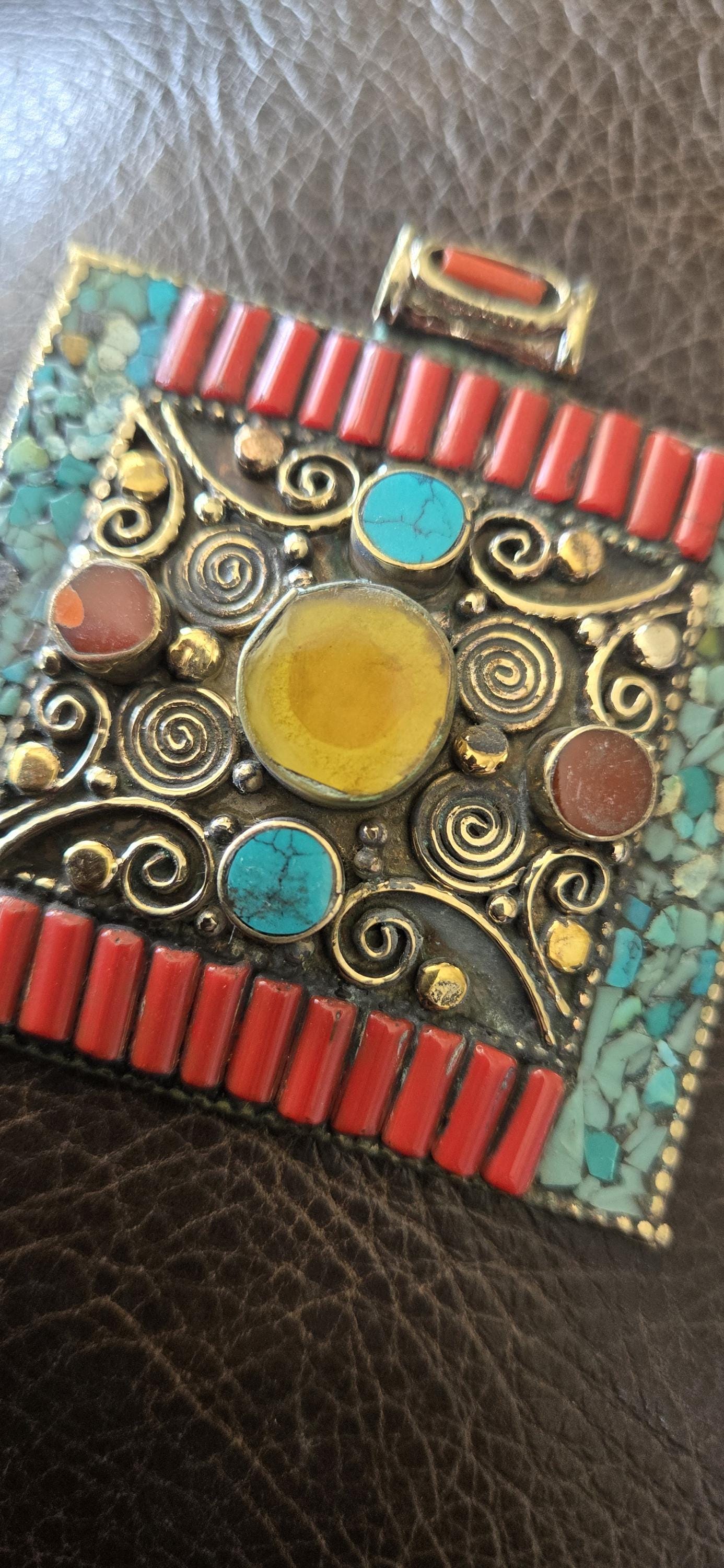 Large Tibetan Filigree Pendant copal resin turquoise mosaic Inlay, Nepal Ethnic Statement Jewelry pendant, Nepal Pendant PM100B