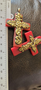 1 Pendant - Tibetan brass fish and floral design red tone resin cross pendant from Nepal - PM514B