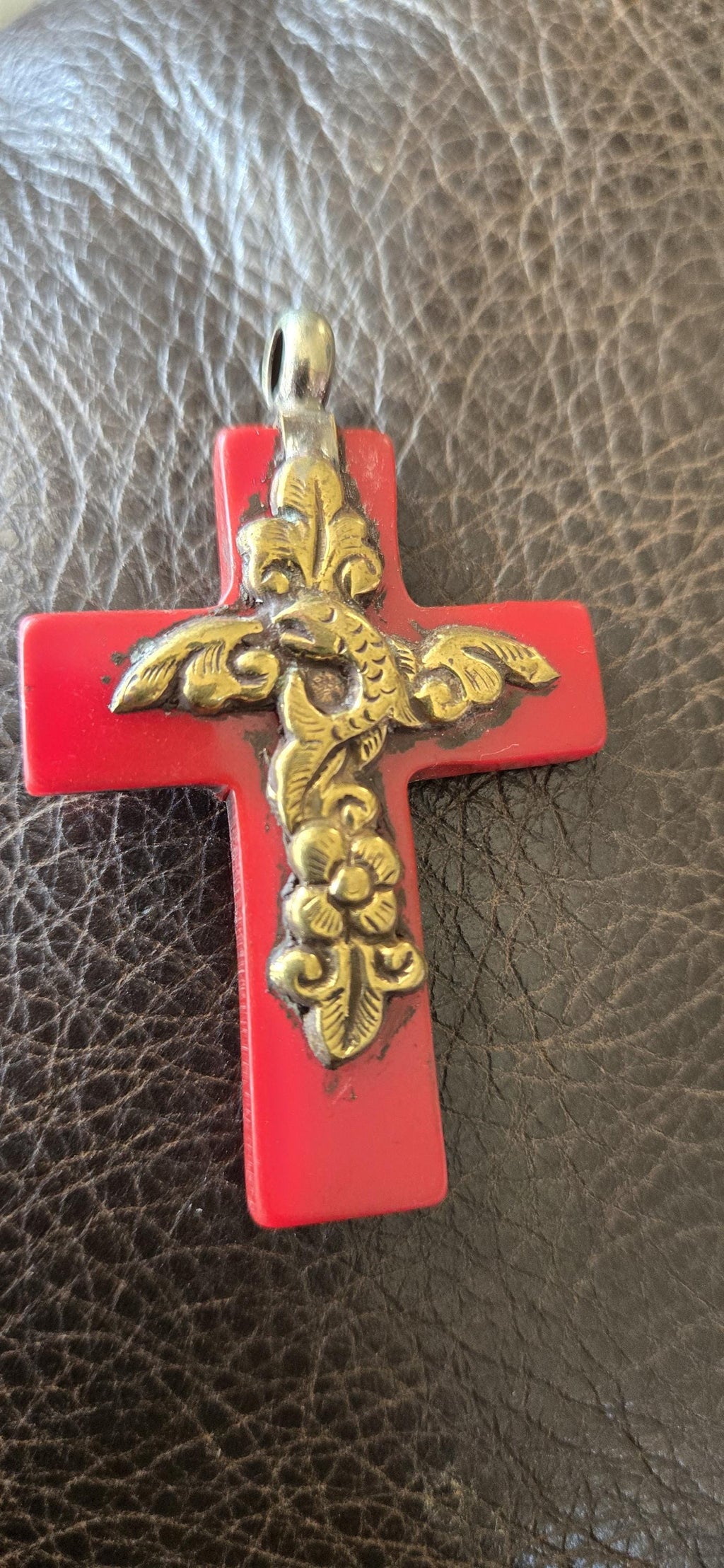 1 Pendant - Tibetan brass fish and floral design red tone resin cross pendant from Nepal - PM514B