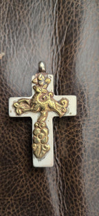 1 Pendant - Tibetan brass deer, fish and floral design cream color resin cross pendant crude finish from Nepal - PM514H