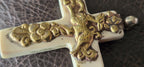 1 Pendant - Tibetan brass deer, fish and floral design cream color resin cross pendant crude finish from Nepal - PM514H