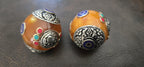 1 bead - Large Honey Resin Bead with Tibetan Conch Shell (Shankha) Ashtamangala Design, Capped Nepal Bead double dorje design BD788H