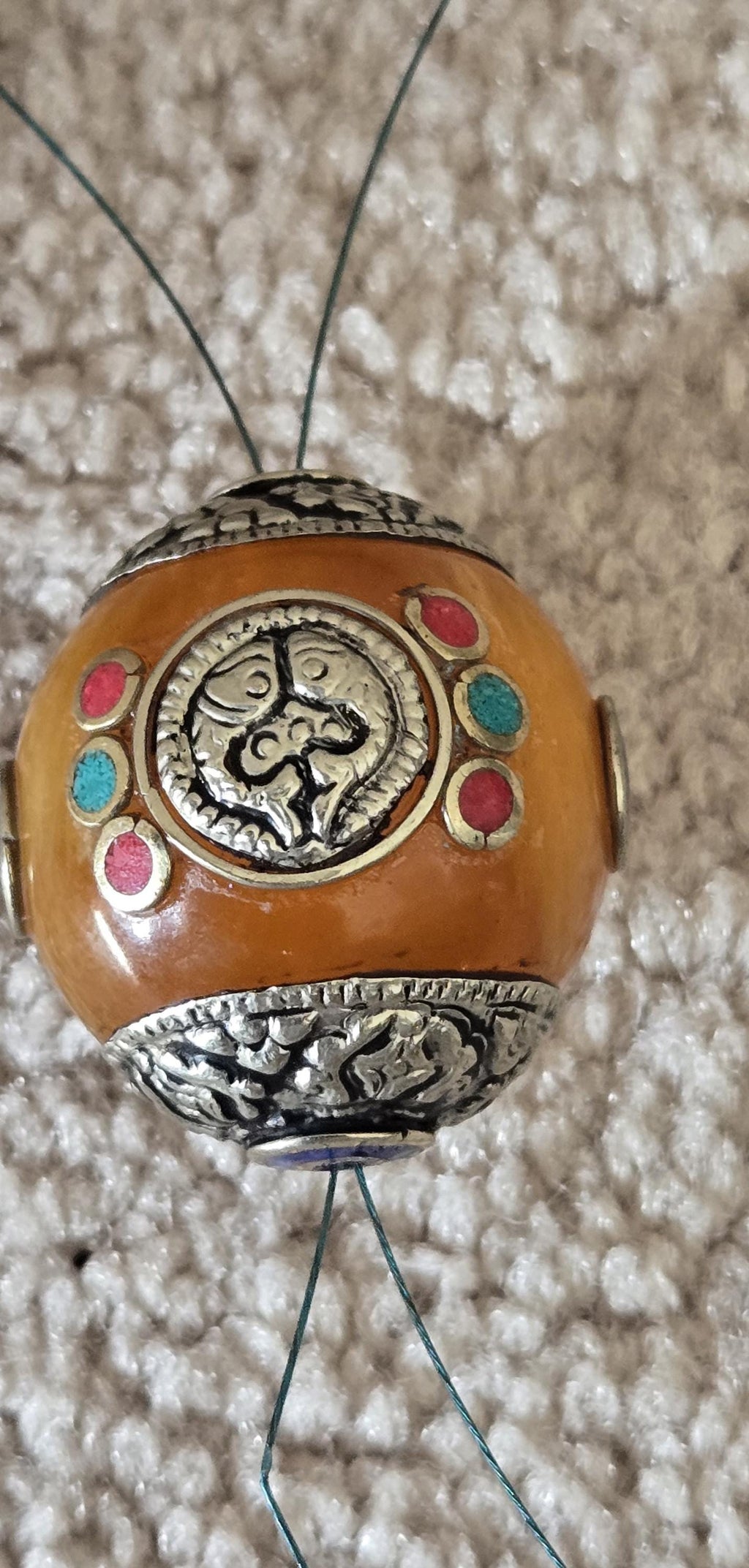 1 bead - Large Honey Resin Bead with Tibetan double fish ashtamangala Design, Capped Nepal Bead double dorje design BD788K