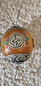 1 bead - Large Honey Resin Bead with Tibetan double fish ashtamangala Design, Capped Nepal Bead double dorje design BD788K