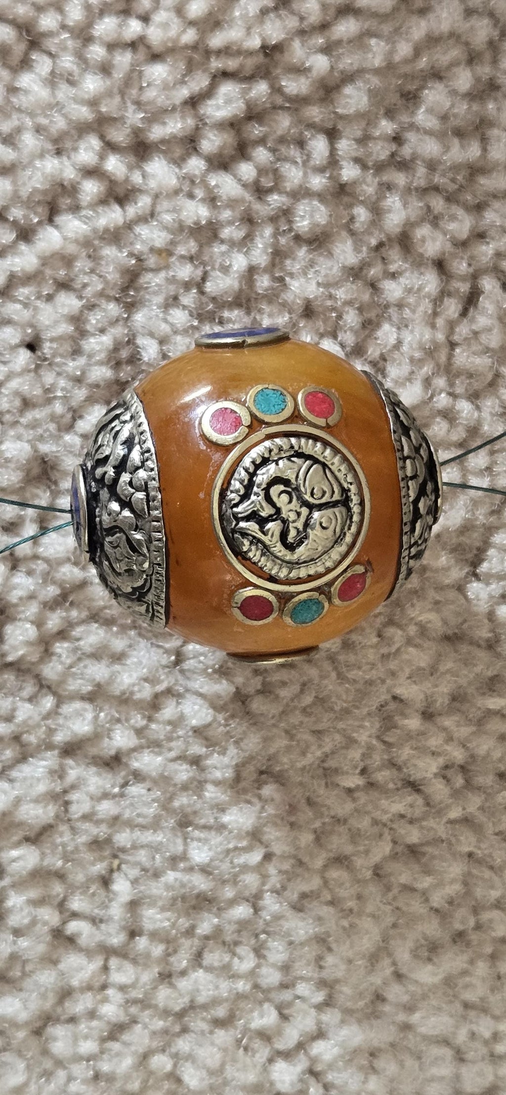1 bead - Large Honey Resin Bead with Tibetan double fish ashtamangala Design, Capped Nepal Bead double dorje design BD788K