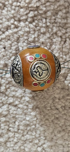 1 bead - Large Honey Resin Bead with Tibetan double fish ashtamangala Design, Capped Nepal Bead double dorje design BD788K