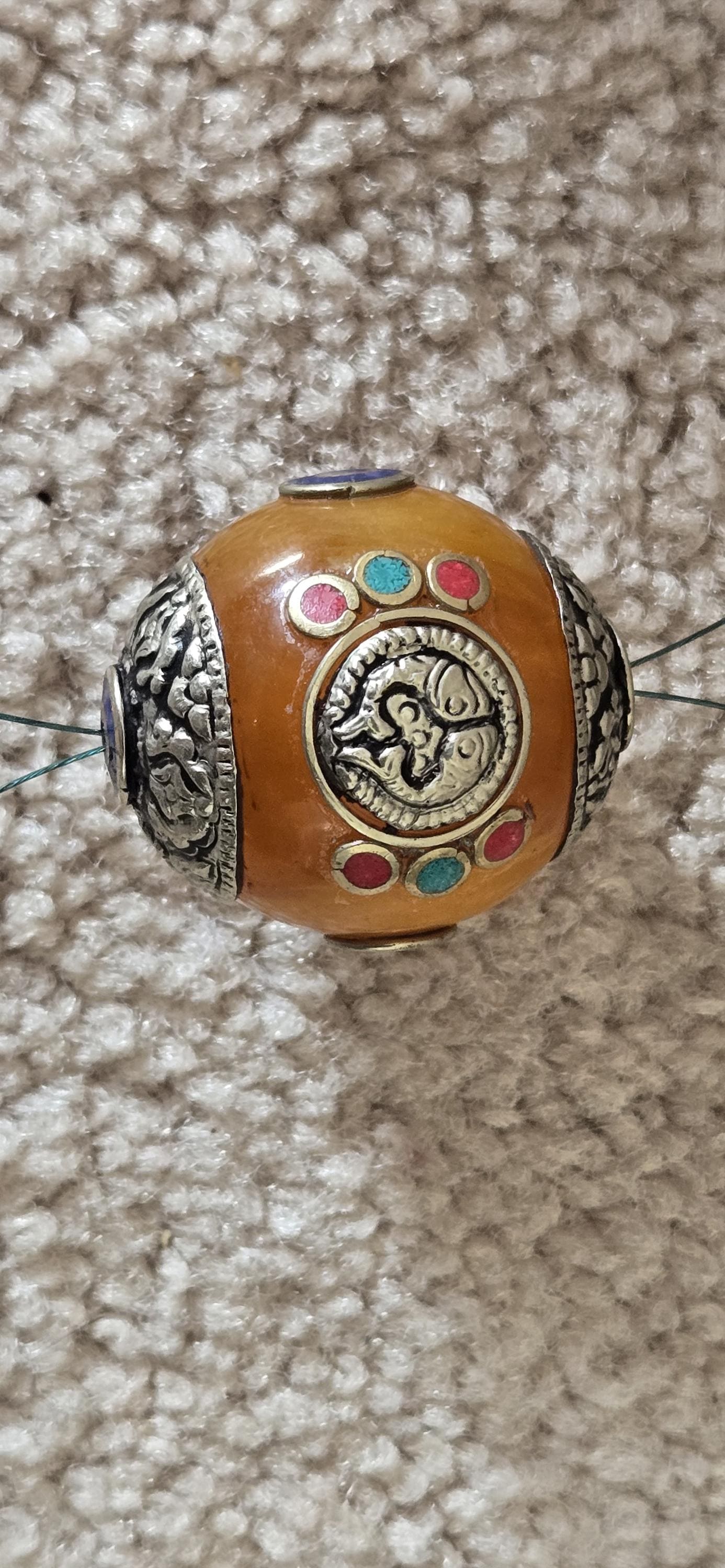 1 bead - Large Honey Resin Bead with Tibetan double fish ashtamangala Design, Capped Nepal Bead double dorje design BD788K