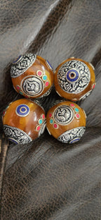 1 bead - Large Honey Resin Bead with Tibetan double fish ashtamangala Design, Capped Nepal Bead double dorje design BD788K