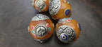 1 bead - Large Honey Resin Bead with Tibetan double fish ashtamangala Design, Capped Nepal Bead double dorje design BD788K