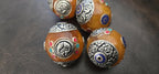1 bead - Large Honey Resin Bead with Tibetan double fish ashtamangala Design, Capped Nepal Bead double dorje design BD788K
