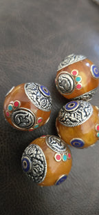 1 bead - Large Honey Resin Bead with Tibetan double fish ashtamangala Design, Capped Nepal Bead double dorje design BD788K