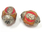 1 bead -Tibetan honey copal resin capped beads with tibetan dorje vajra symbol and inlay- BD398