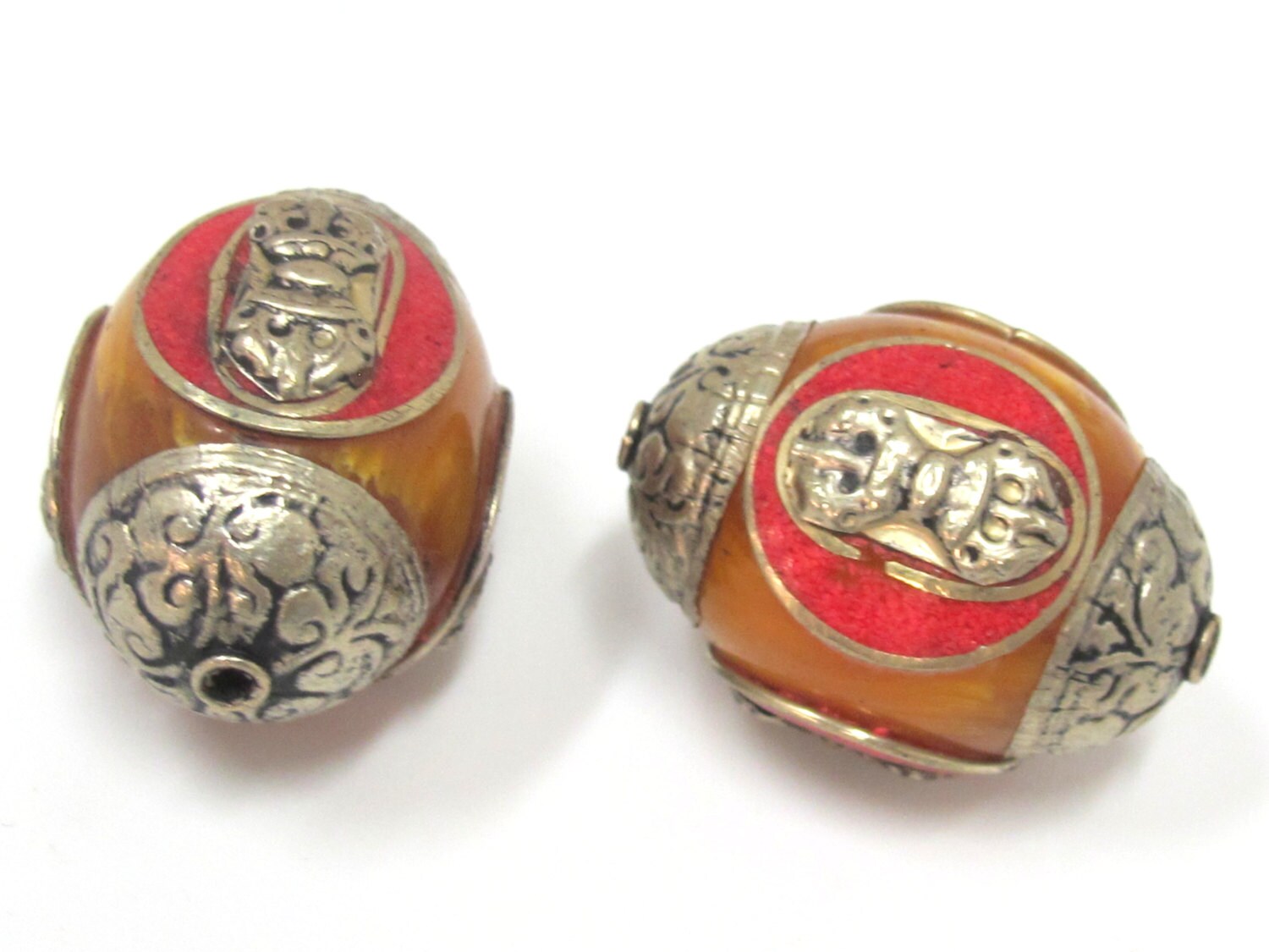 1 bead -Tibetan honey copal resin capped beads with tibetan dorje vajra symbol and inlay- BD398