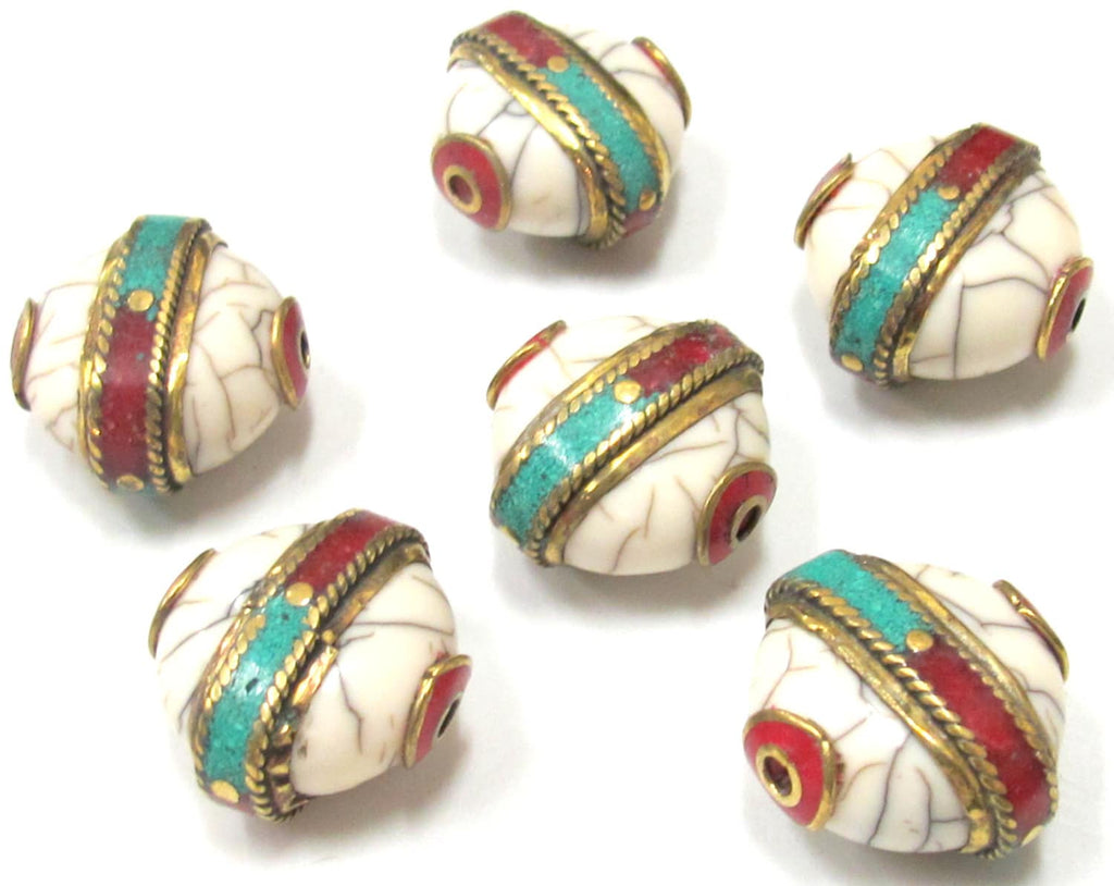 Tibetan White crackle resin bead with turquoise and inlay - 1 bead - BD423