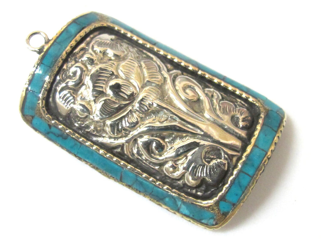 2 Pieces - Gorgeous Tibetan silver Lotus flower repousse charms with turquoise inlay - BD434C