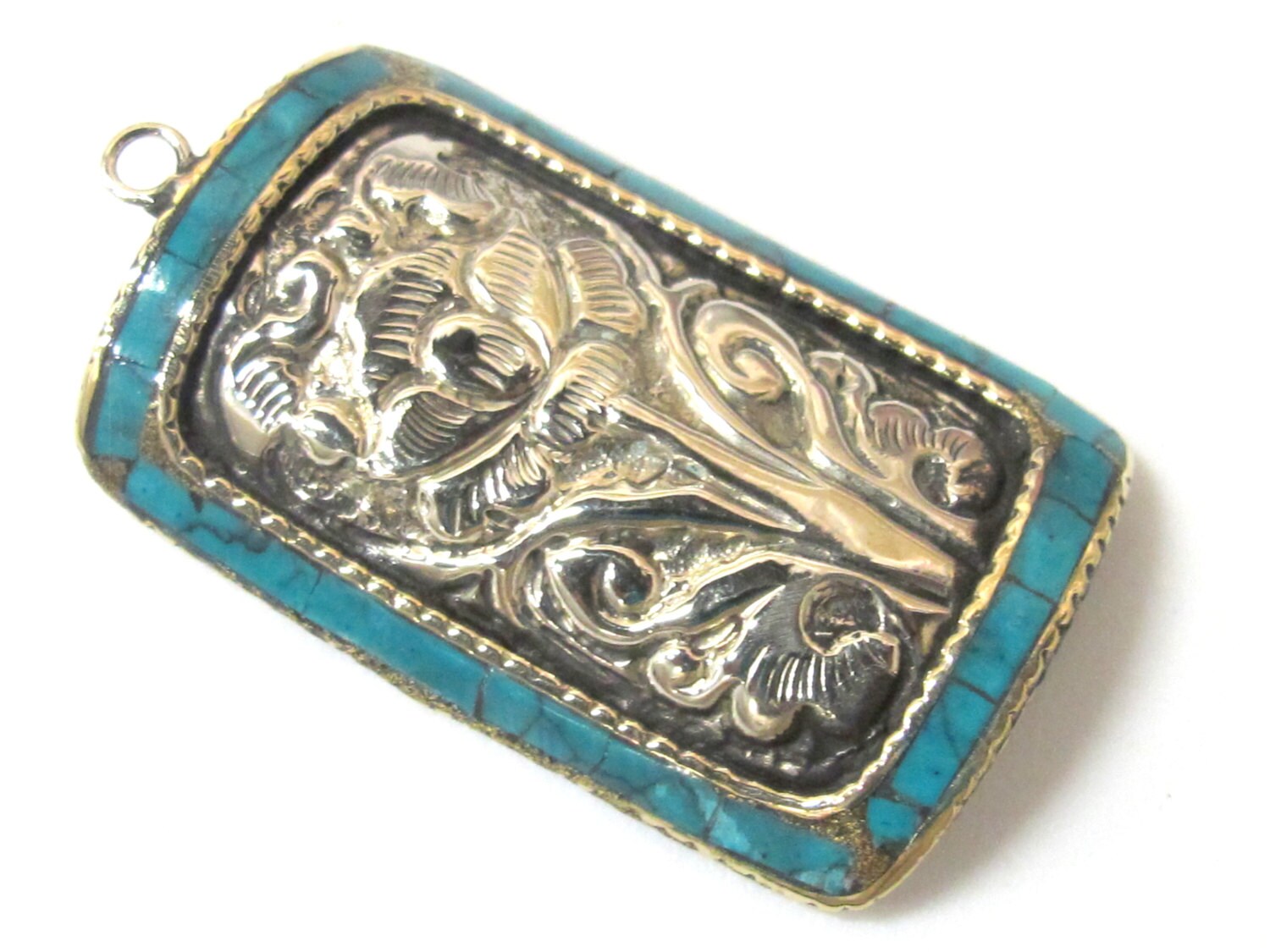 2 Pieces - Gorgeous Tibetan silver Lotus flower repousse charms with turquoise inlay - BD434C