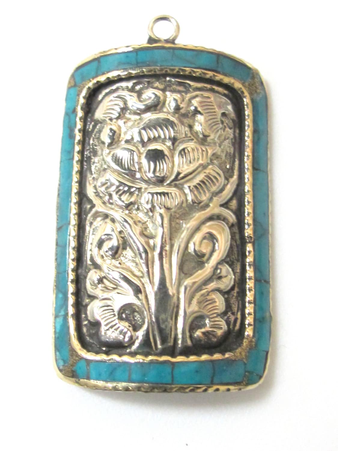 2 Pieces - Gorgeous Tibetan silver Lotus flower repousse charms with turquoise inlay - BD434C