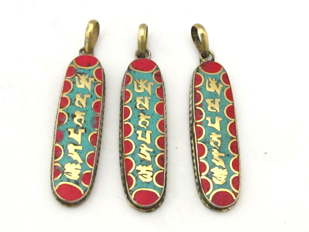 3 Pendants - Tibetan pendants Rectangular shape tibetan Om mani mantra brass pendant with turquoise inlay - nepal pendants -PM363s