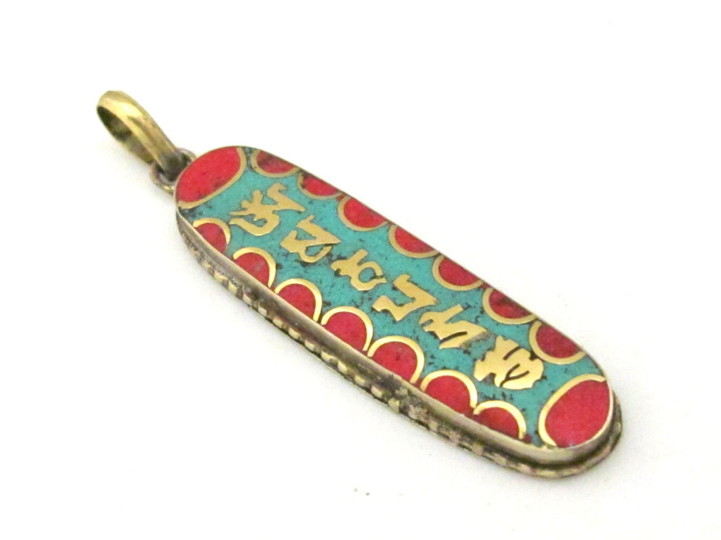 1 Pendant - Rectangular shape tibetan Om mani mantra brass pendant with turquoise inlay - PM363