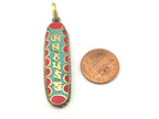 3 Pendants - Tibetan pendants Rectangular shape tibetan Om mani mantra brass pendant with turquoise inlay - nepal pendants -PM363s