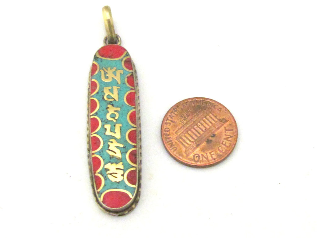 1 Pendant - Rectangular shape tibetan Om mani mantra brass pendant with turquoise inlay - PM363