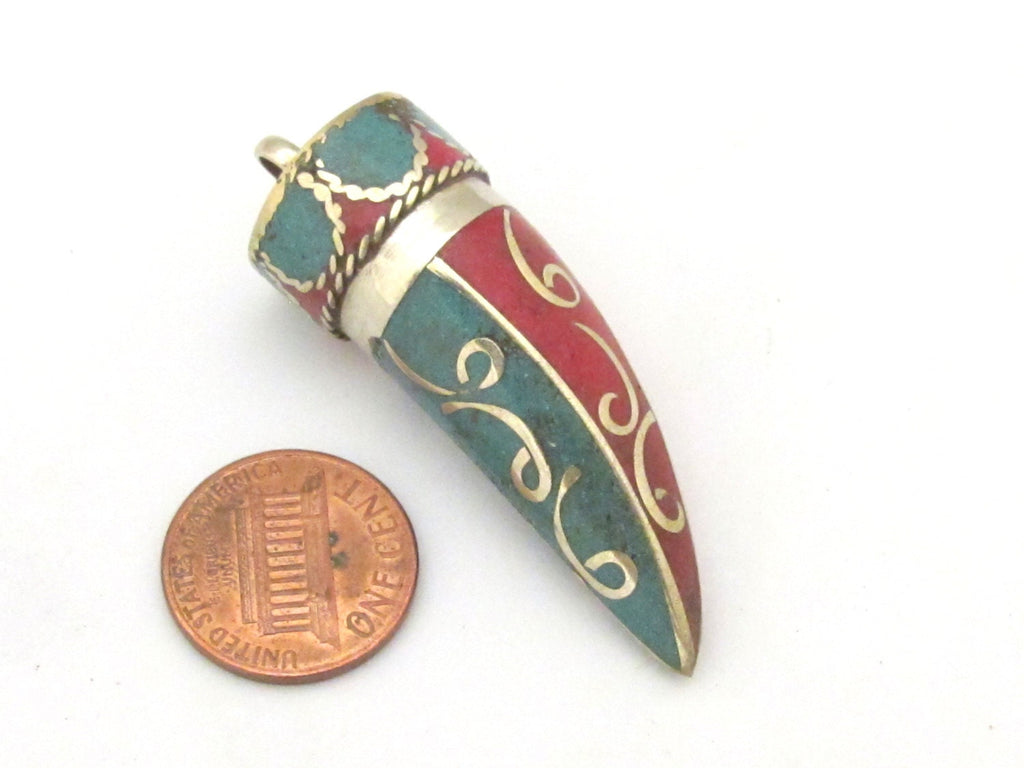 1 Pendant - Beautiful Tibetan brass pendant with turquoise inlay - PM365