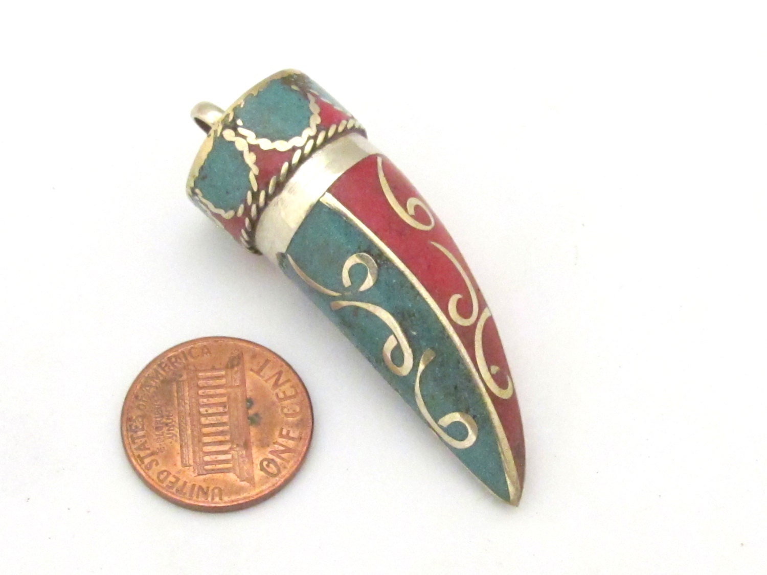 1 Pendant - Beautiful Tibetan brass pendant with turquoise inlay - PM365