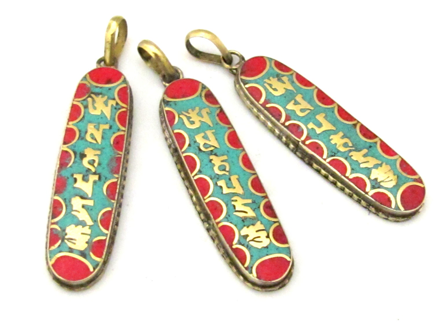 3 Pendants - Tibetan pendants Rectangular shape tibetan Om mani mantra brass pendant with turquoise inlay - nepal pendants -PM363s
