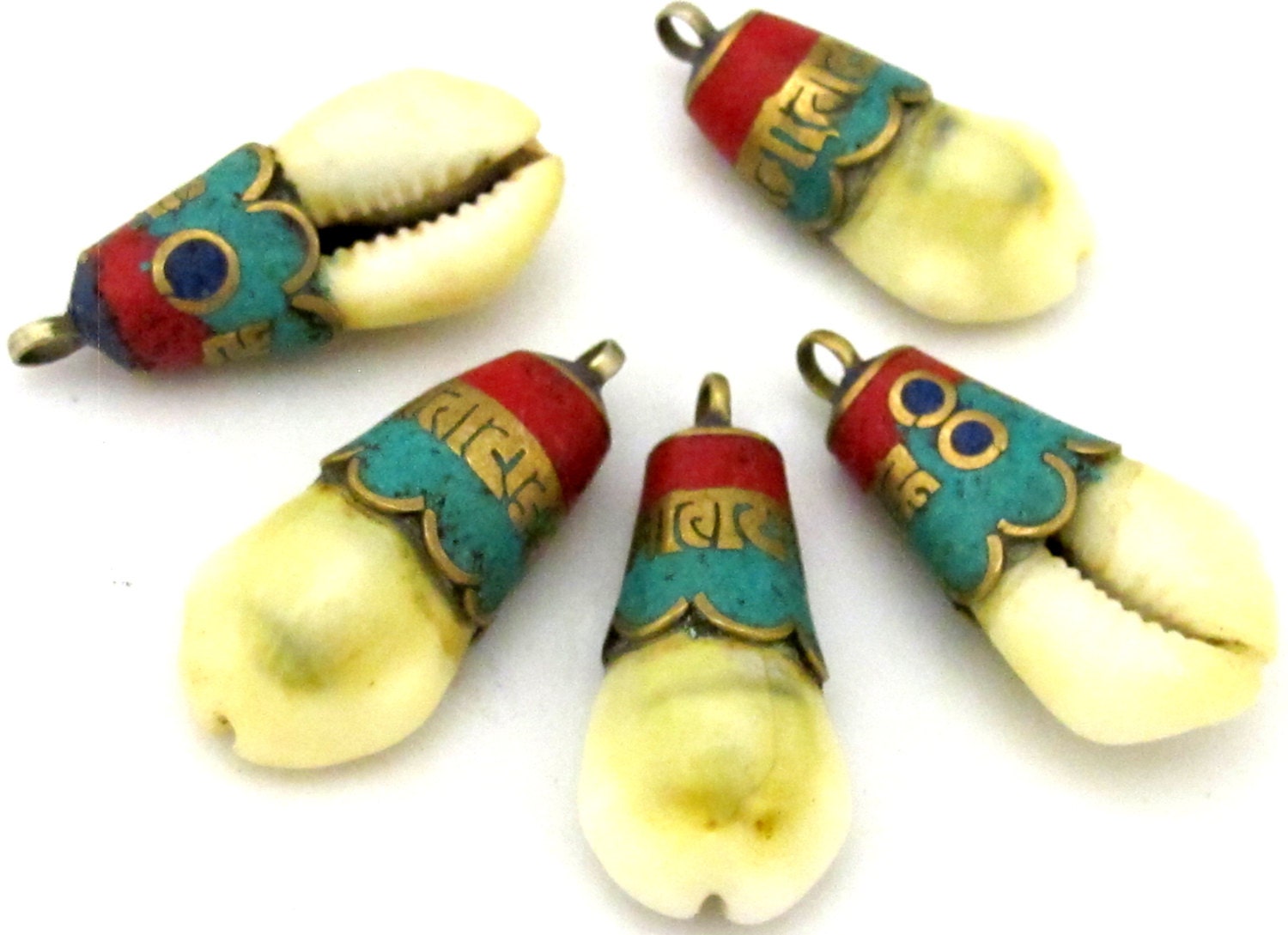 1 Pendant - Tibetan Om mantra cowrie shell brass capped drop pendant bag keychain keyring charm decor PM364