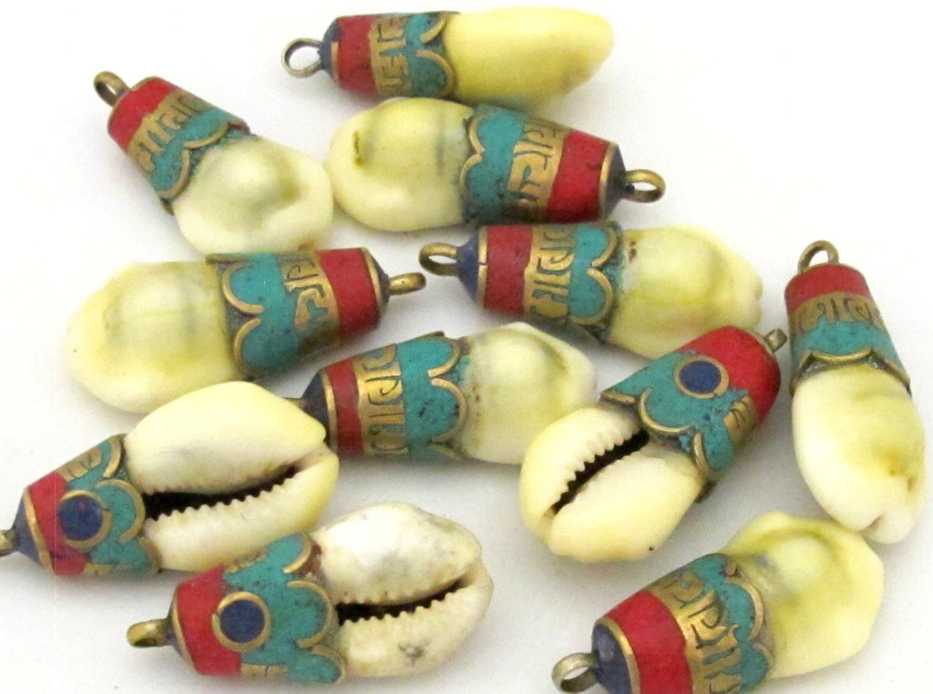 1 Pendant - Tibetan Om mantra cowrie shell brass capped drop pendant bag keychain keyring charm decor PM364