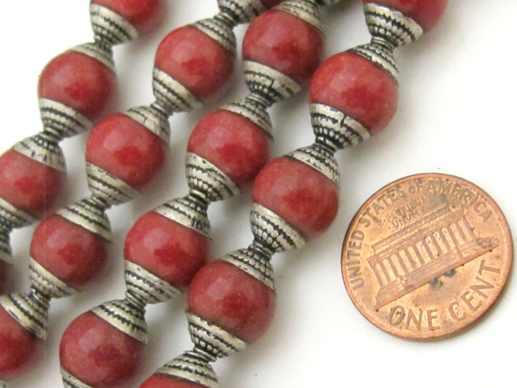 4 Beads - Tibetan silver capped Tibetan coral beads from Nepal - BD772