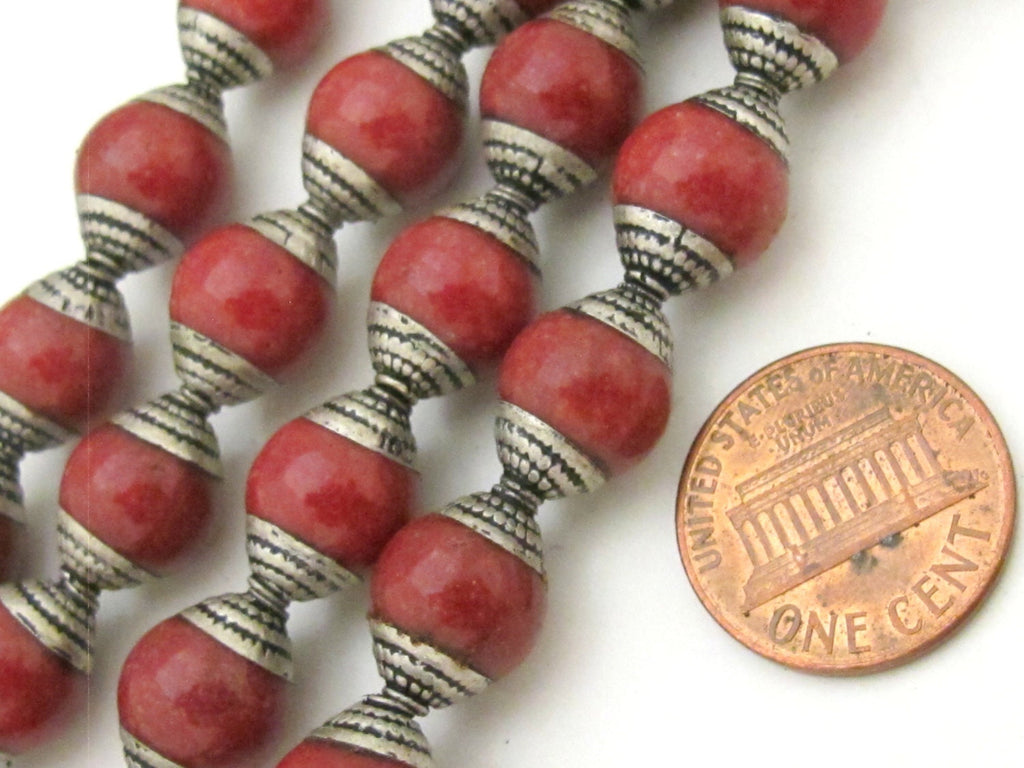4 Beads - Tibetan silver finish capped Tibetan coral beads from Nepal - BD772