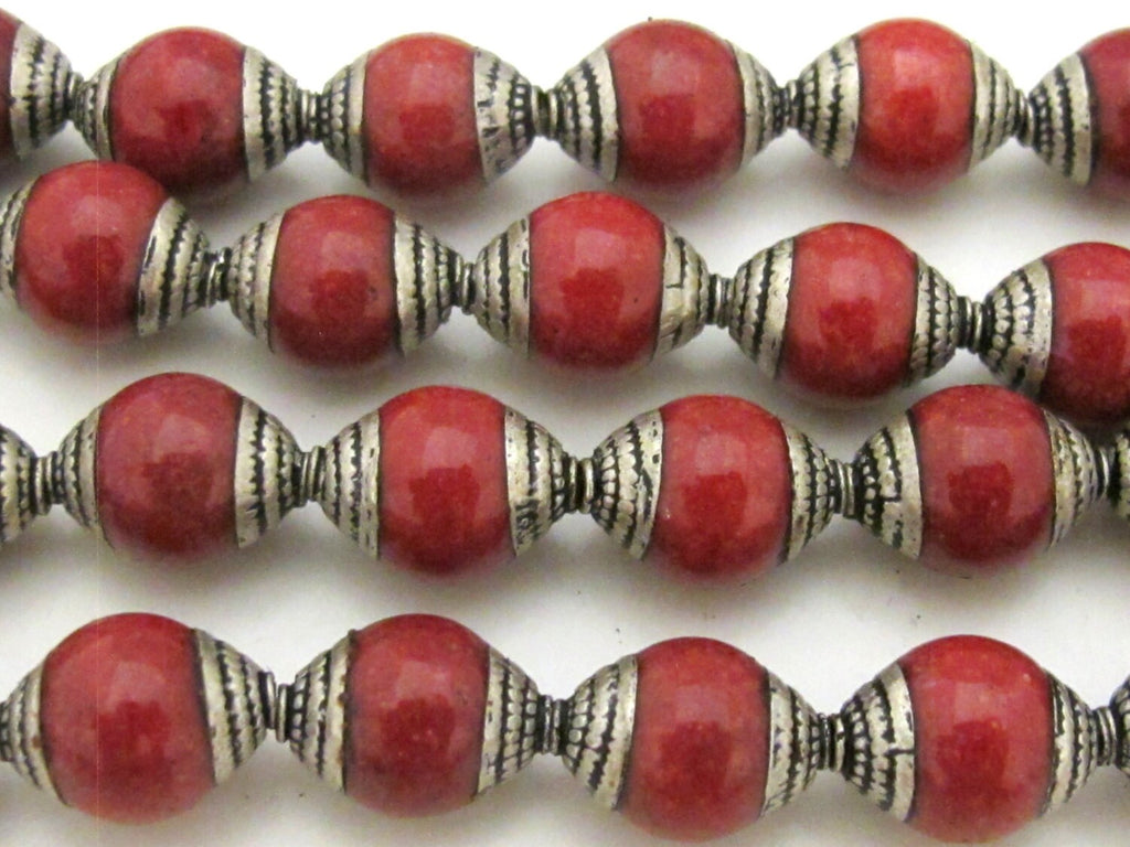 4 Beads - Tibetan silver capped Tibetan coral beads from Nepal - BD772