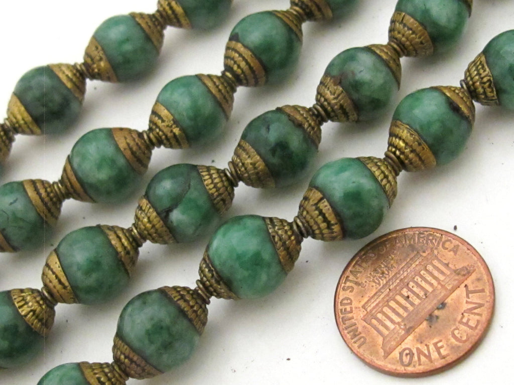 4 Beads - Brass capped Tibetan jade beads from Nepal 9 - 10 mm x 12 - 13 mm - BD776