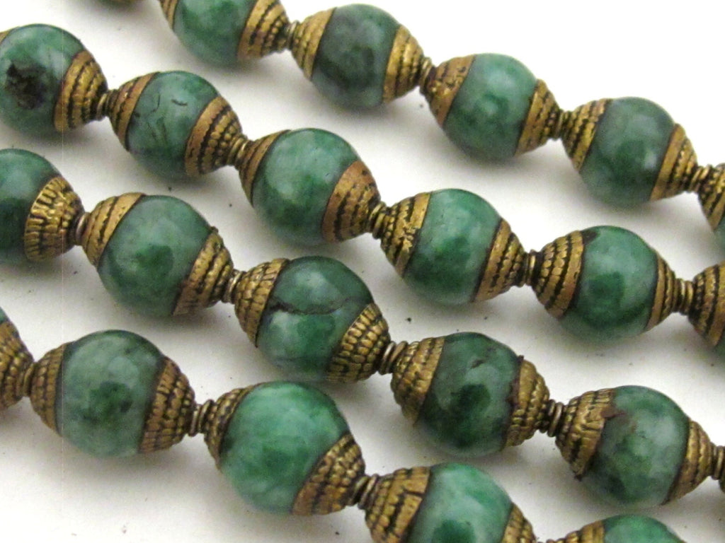 4 Beads - Brass capped Tibetan jade beads from Nepal 9 - 10 mm x 12 - 13 mm - BD776
