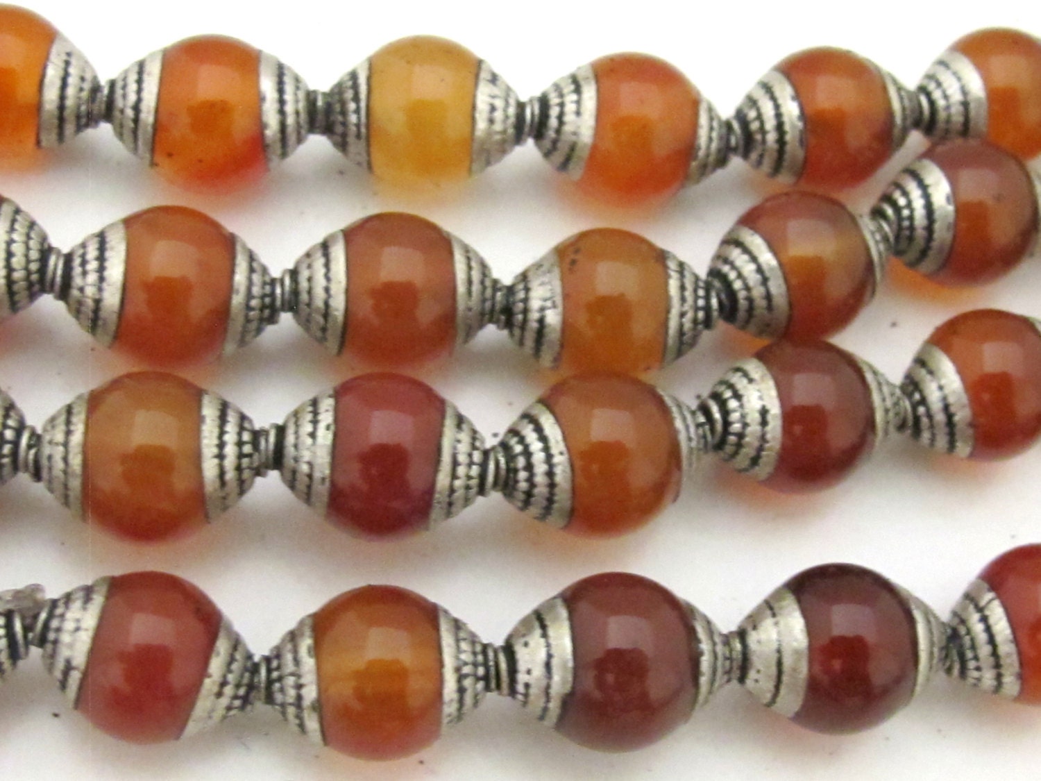 4 BEADS - Ethnic Tibetan silver capped carnelian agate beads from Nepal 9 - 10 mm x 13 -14 mm - BD778