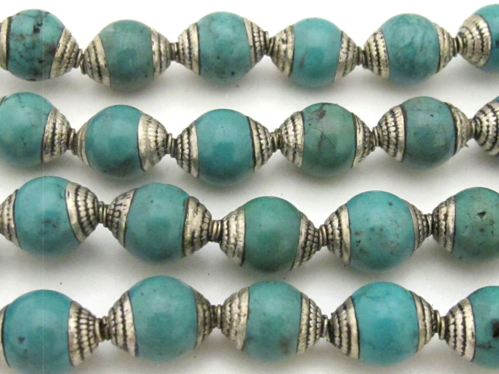 4 BEADS - Ethnic Tibetan silver capped turquoise beads from Nepal 9 - 10 mm x 13 -14 mm - BD780