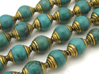 4 BEADS - Ethnic Tibetan Brass capped turquoise beads from Nepal 9 - 10 mm x 13 -14 mm - BD781