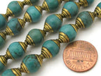 4 BEADS - Ethnic Tibetan Brass capped turquoise beads from Nepal 9 - 10 mm x 13 -14 mm - BD781