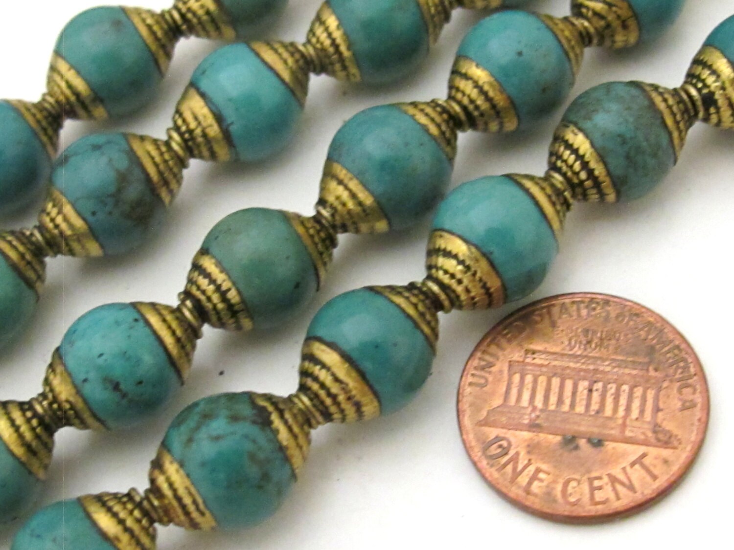 4 BEADS - Ethnic Tibetan Brass capped turquoise beads from Nepal 9 - 10 mm x 13 -14 mm - BD781