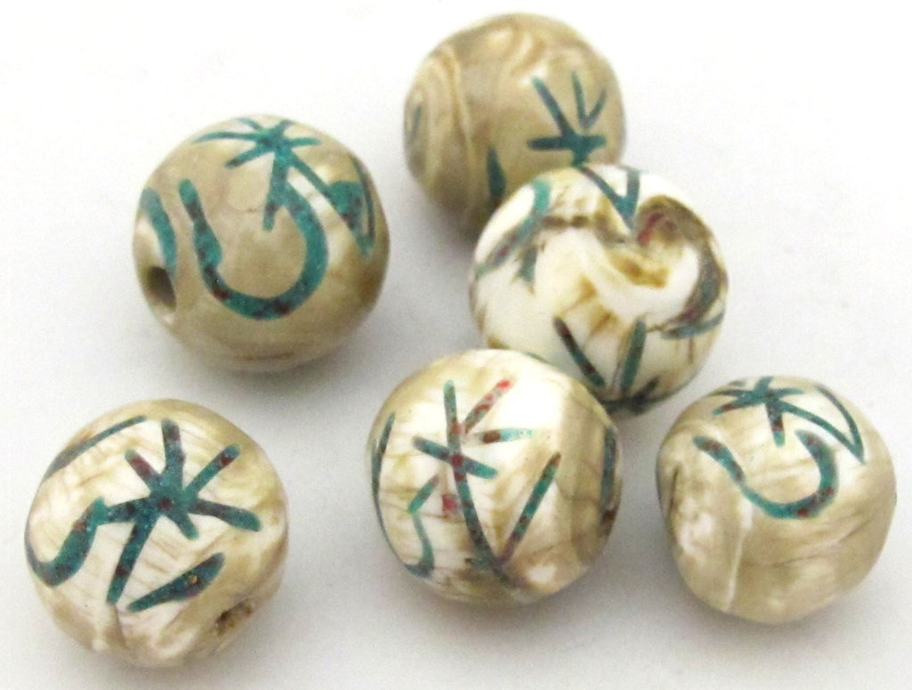 2 Beads - Large size Tibetan Om mantra turquoise inlaid naga conch shell beads 15 - 18 mm - CH059
