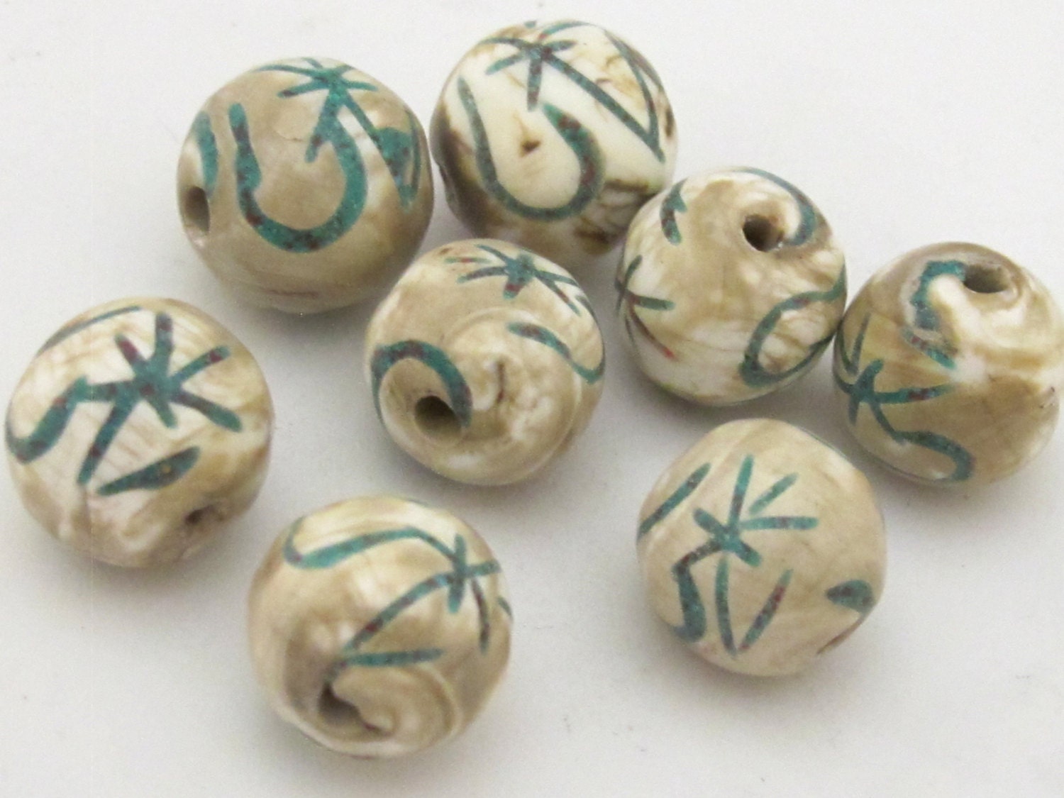 2 Beads - Large size Tibetan Om mantra turquoise inlaid naga conch shell beads 15 - 18 mm - CH059
