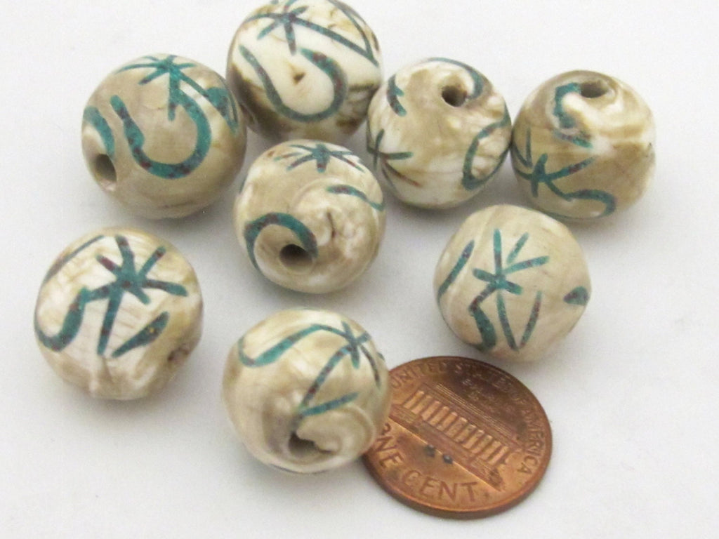 2 Beads - Large size Tibetan Om mantra turquoise inlaid naga conch shell beads 15 - 18 mm - CH059