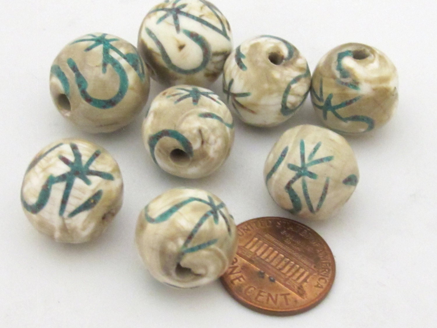 2 Beads - Large size Tibetan Om mantra turquoise inlaid naga conch shell beads 15 - 18 mm - CH059
