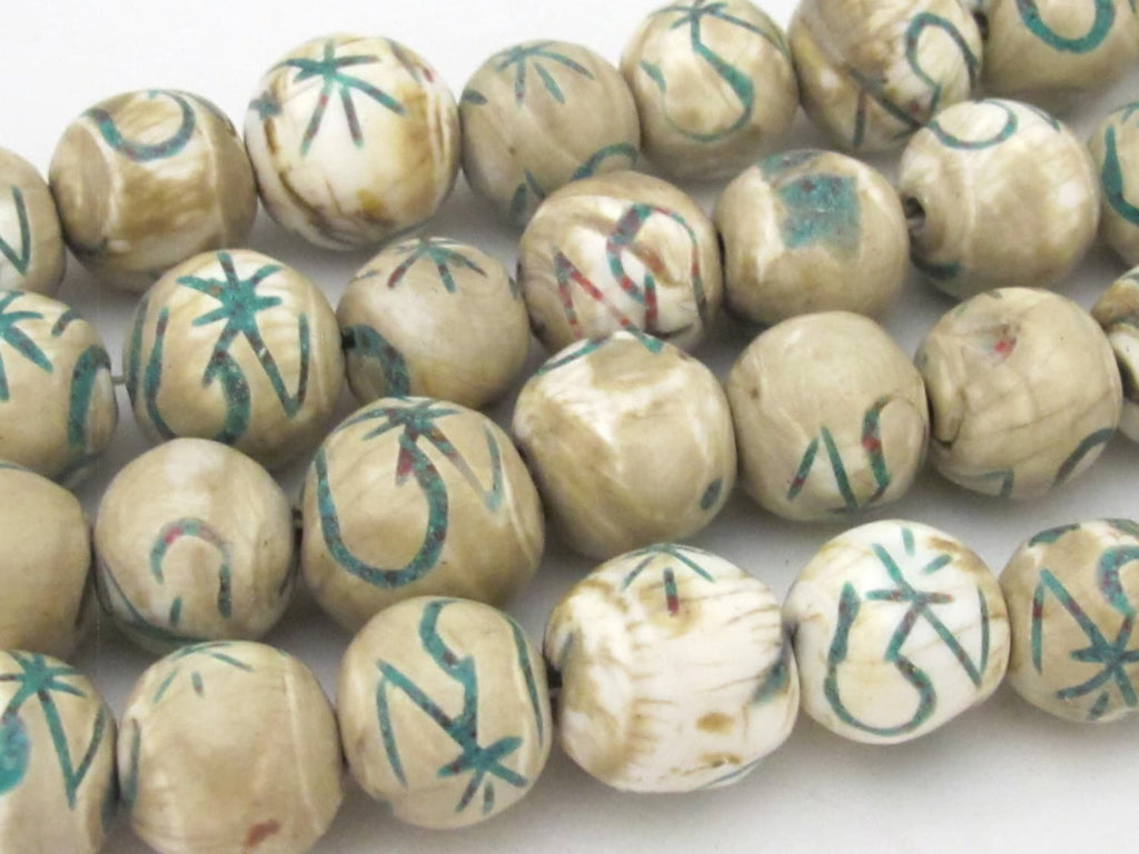 2 Beads - Large size Tibetan Om mantra turquoise inlaid naga conch shell beads 15 - 18 mm - CH059